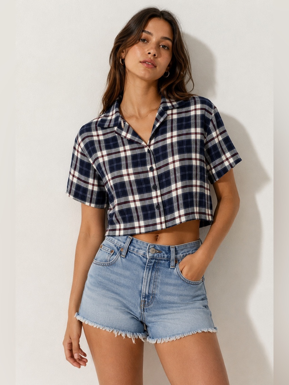 Garage Plaid Cropped Button-Up Shirt | Navy Blue Burgundy | Medium - Picture 1 of 10